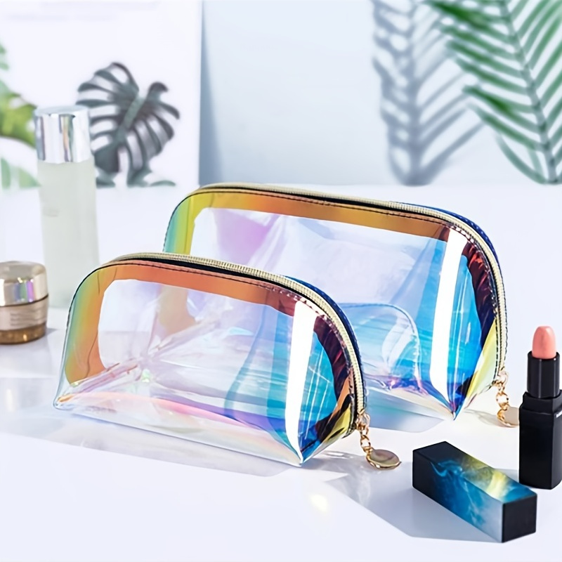 

Holographic Makeup Bag Transparent Half Round Toiletry Bags With Zipper Colorful Portable Travel Waterproof Toiletry Pouch For Women