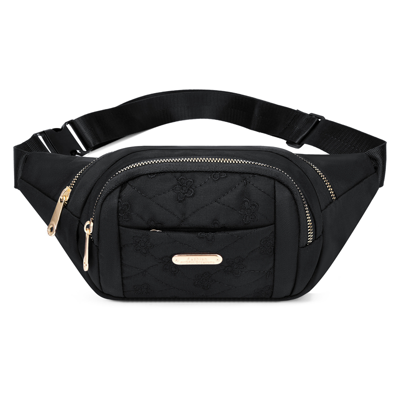 Embroidered Nylon Front Zip Fanny Pack for Women