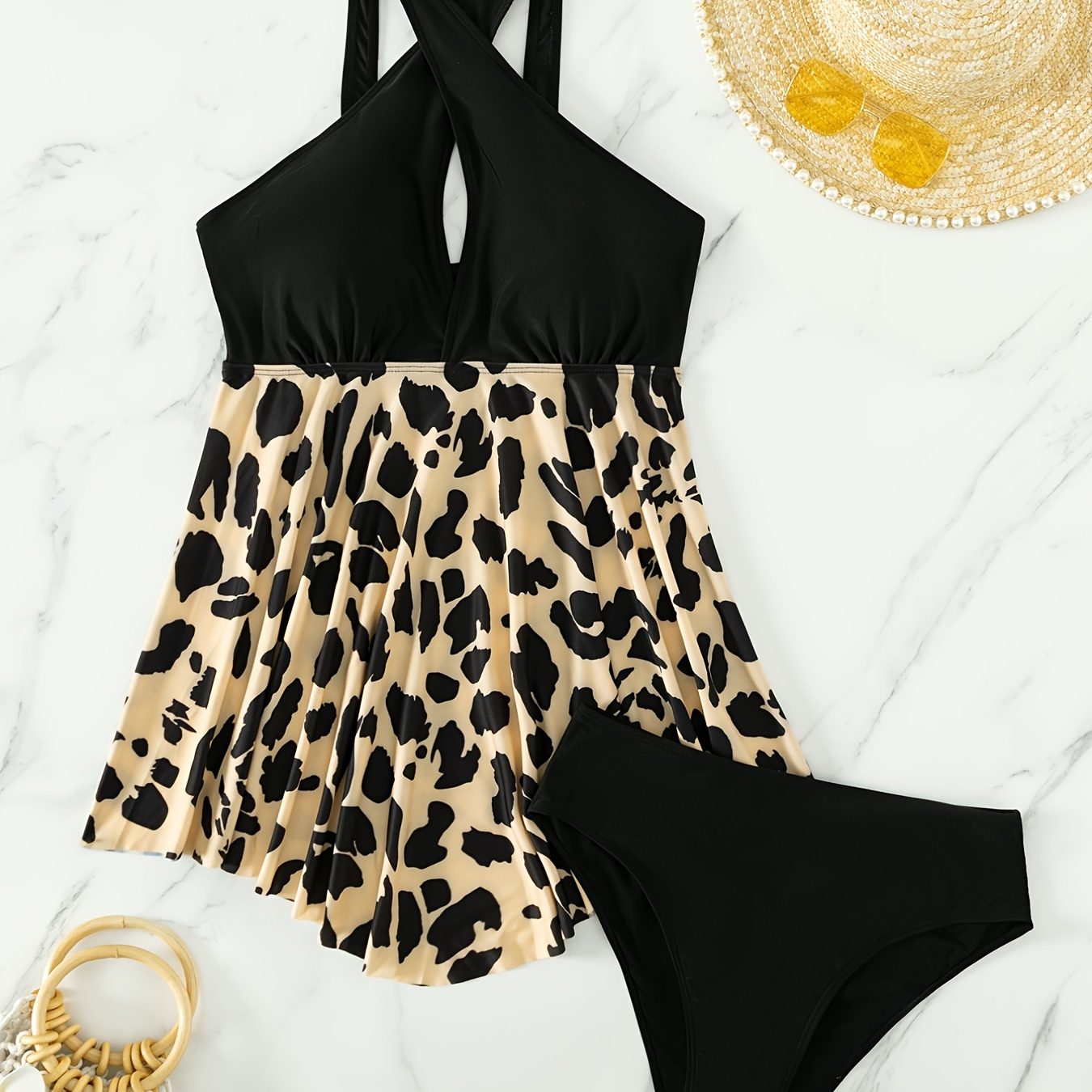 

Plus Size Criss Cross Neck Leopard Print Bikini Set, Women's Plus Medium Stretch Elegant Swimsuit Set Bathing Suit Set