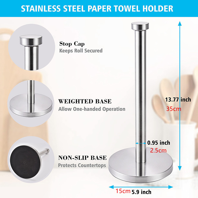 Black Stainless Steel Paper Towel Holder - Weighted Base, One-Handed