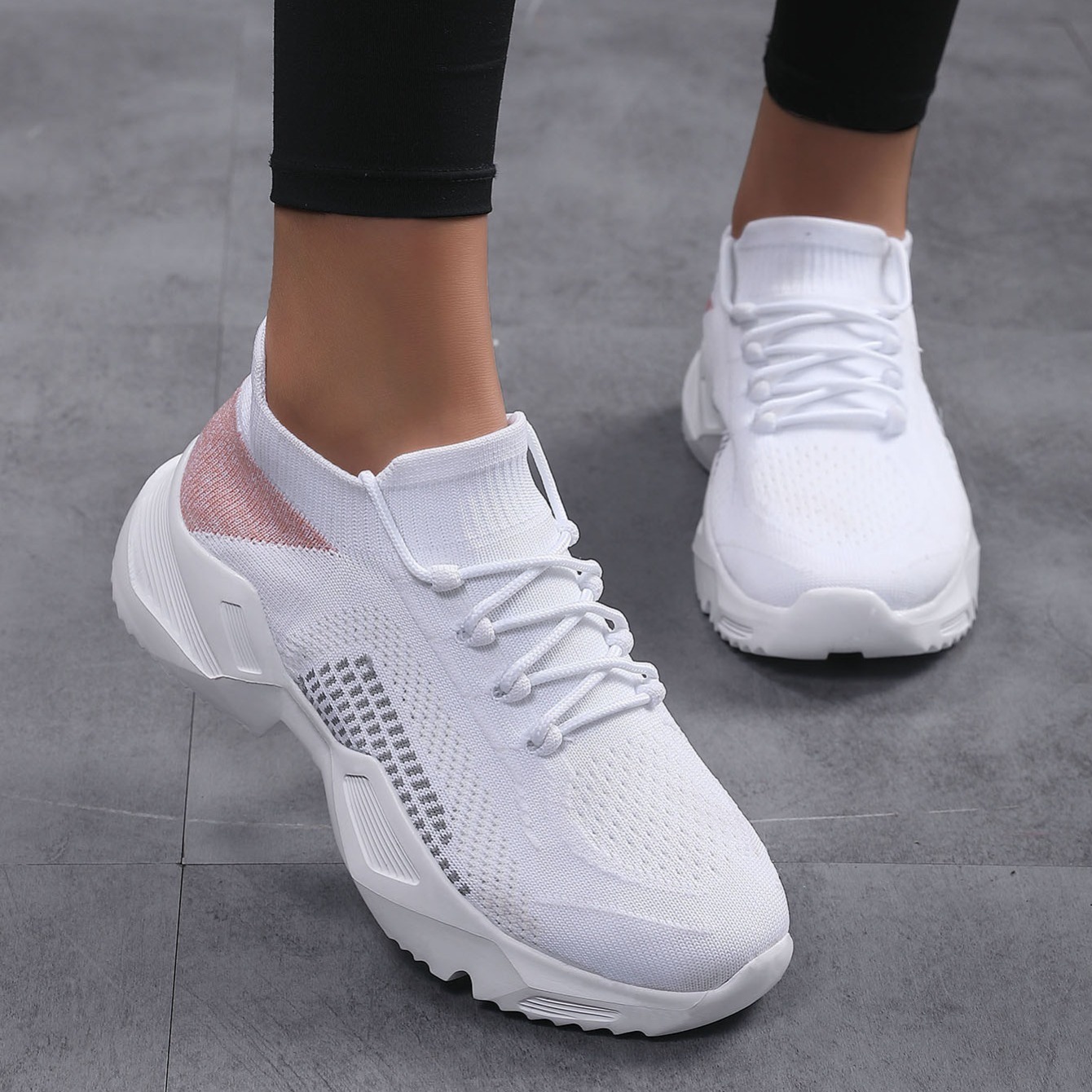 Women's White Running Shoes, Lace Up Knit Workout Gym Tennis Athletic  Shoes, Flying Woven Comfort Casual Sneakers