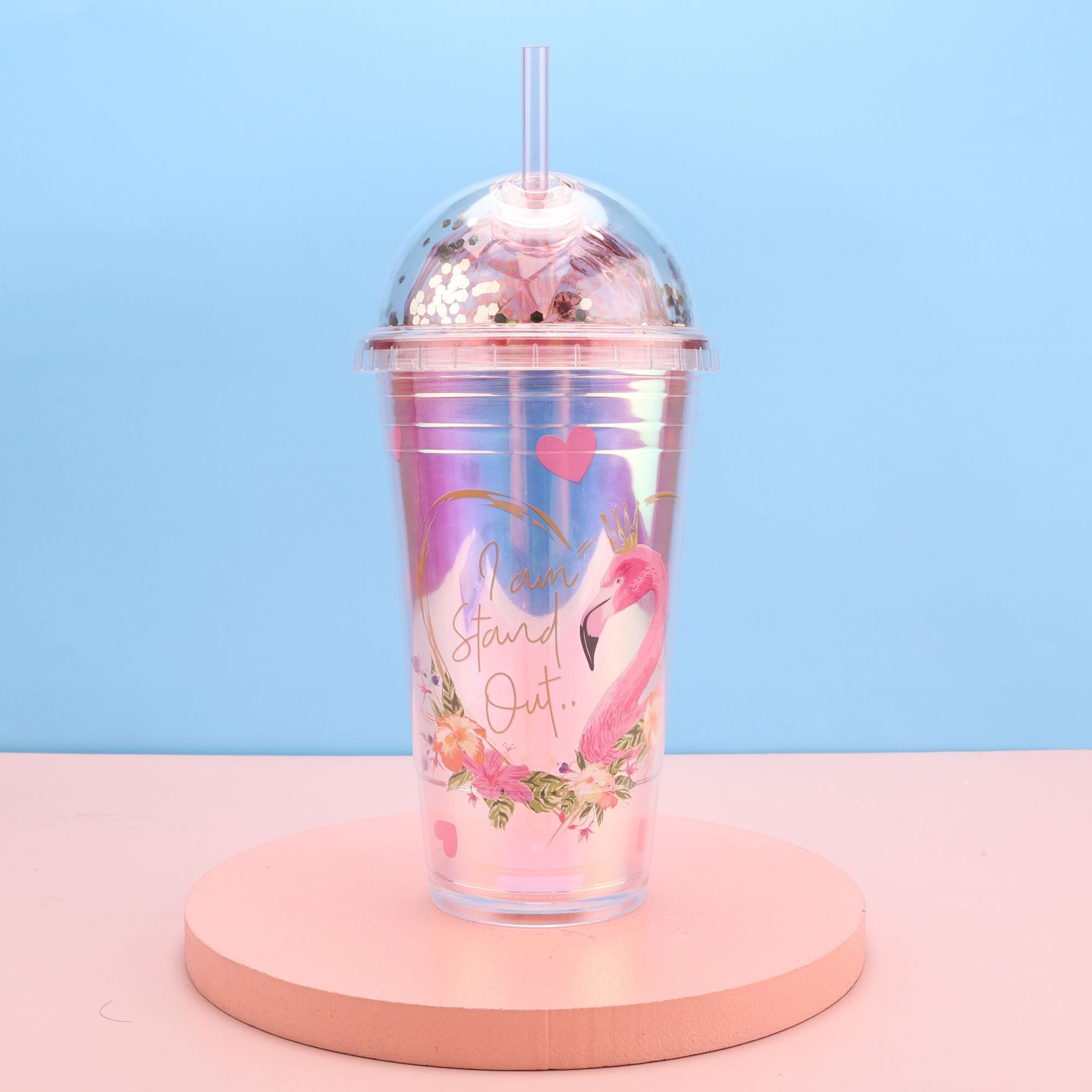 1pc Milk Tumbler With Dome Lid,Double Wall Plastic Drink Cup With  Straw,Reusable Clear Water Bottle Transparent Fruit Cup