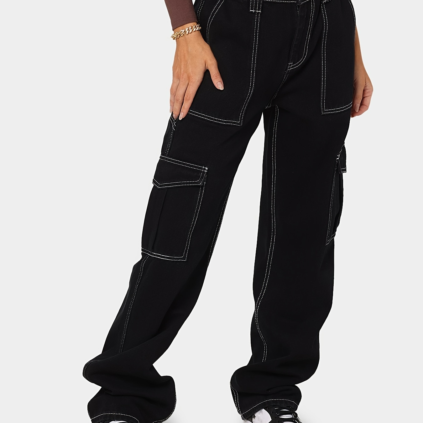 High Waist Plicated Hem Baggy Jeans, Pure Color Slash Pockets Wide Leg