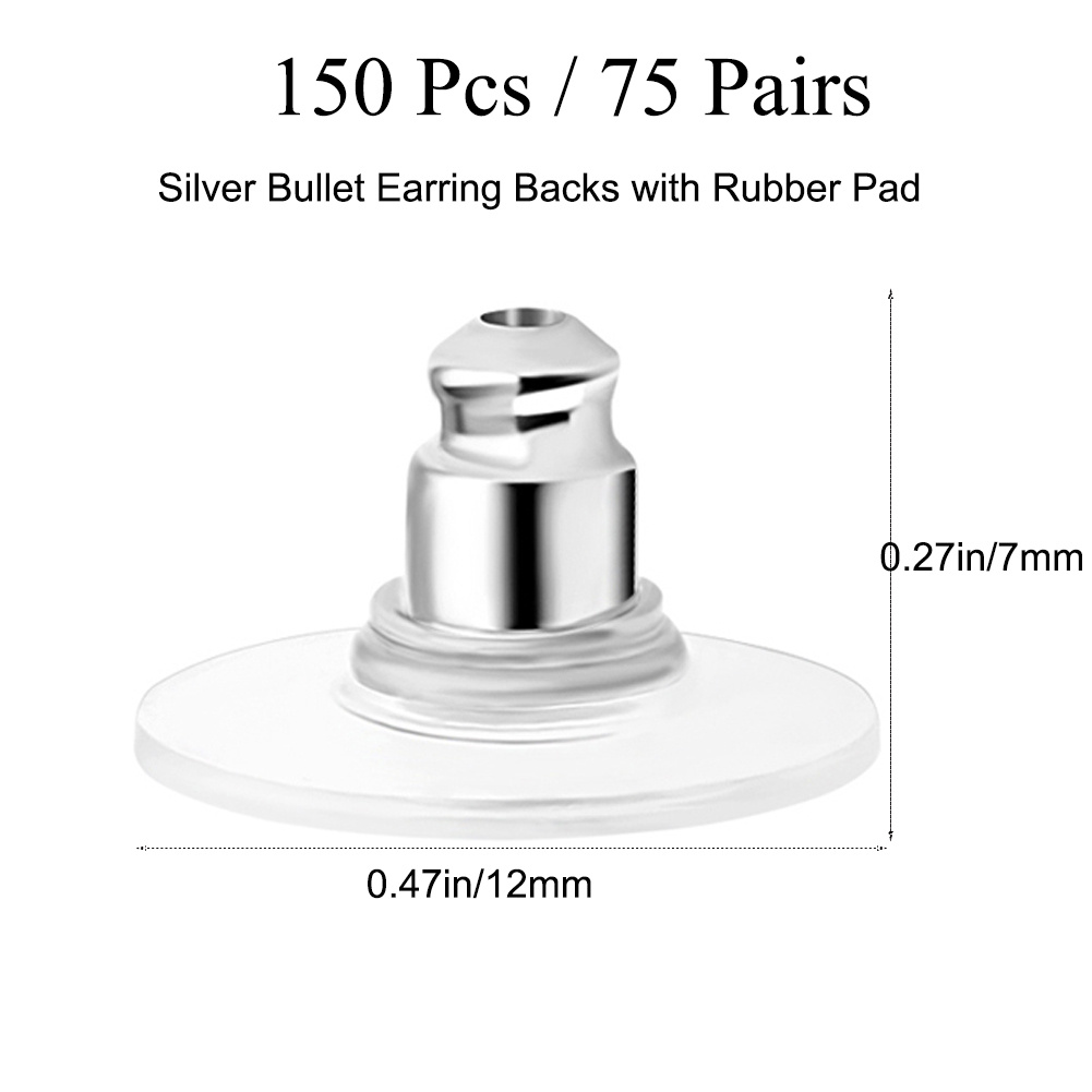 JPM Beads 100 Pcs Package Silver Bullet Clutch Earring Backs with Silicone  Pad Earring Backings Studs