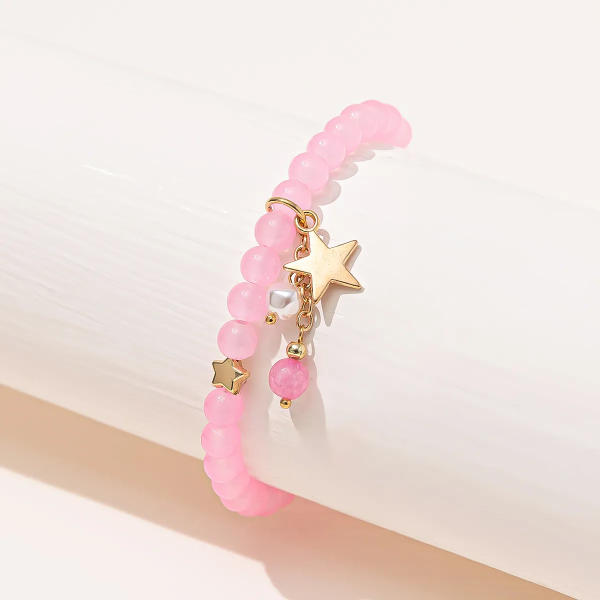 Pink Crystal Beaded Bracelet Star Shape Pendant Stretchable Bracelet Smooth  Beads Elegant Charm Bracelet