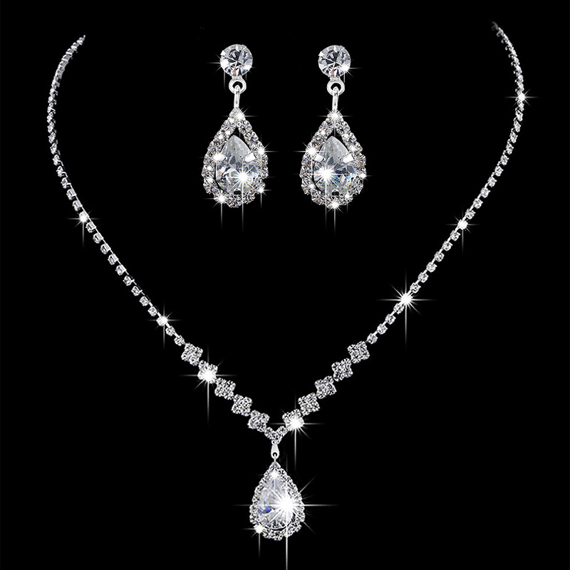 1set/3pcs Luxurious Waterdrop Shaped Pink Zircon Necklace & Earrings Set  Bridal Wedding Dress Accessories For Women