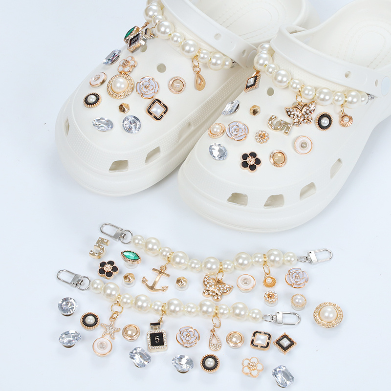 28pcs Hot Selling Pearl Chain Bling Croc Charms Crystal Shoe Charms Fits  Fashion Decoration For Clog Shoes Artificial Diamond Bling Chain Artificial  J
