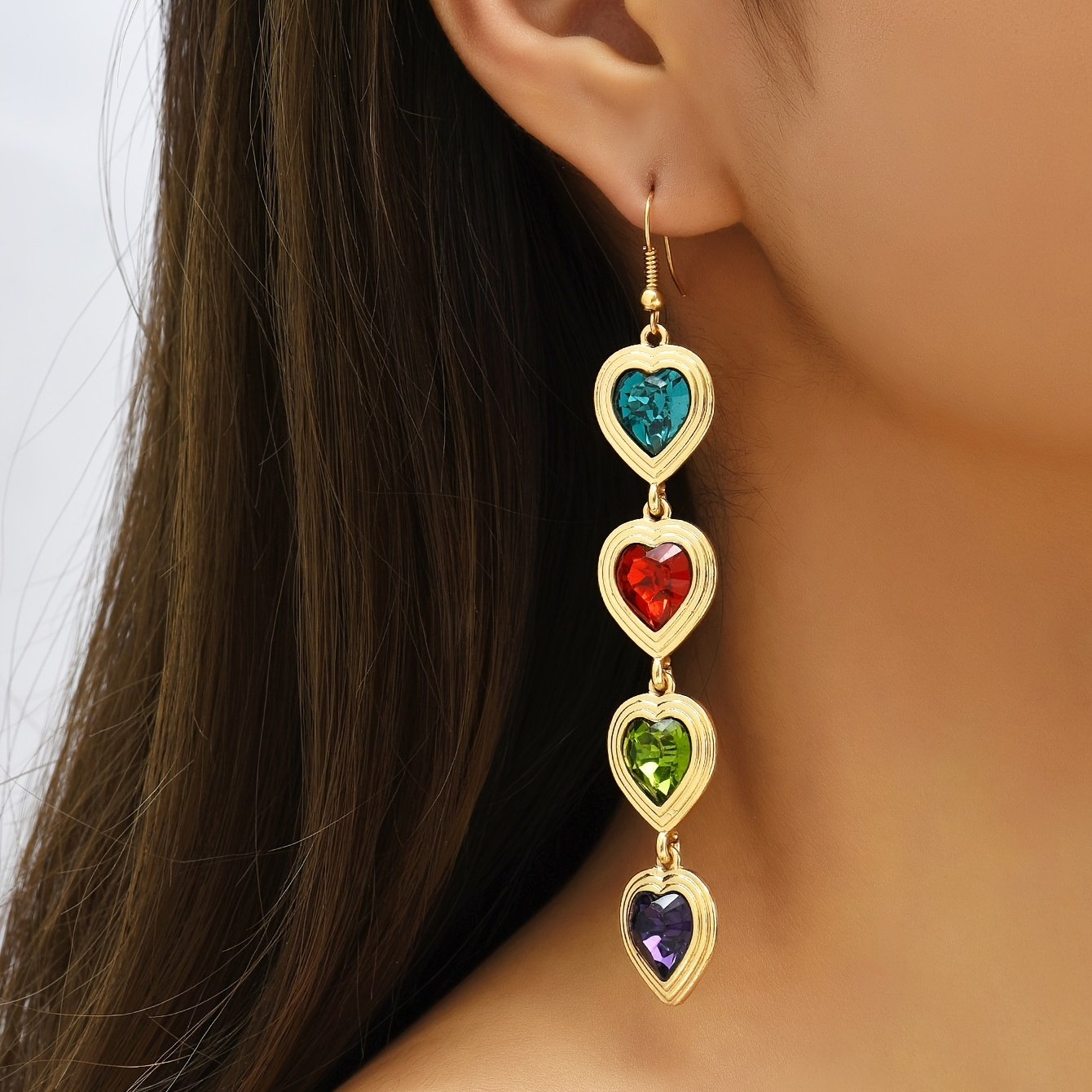 

Multicolor Faux Gemstone Love Heart Long Earrings Plated Valentine's Day Gift Jewelry For Women