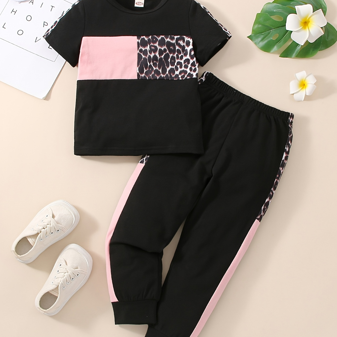 

Girls Short Sleeve Round Neck T-shirt & Pants 2pcs Leopard Print Contrast Color Casual Kids Clothes