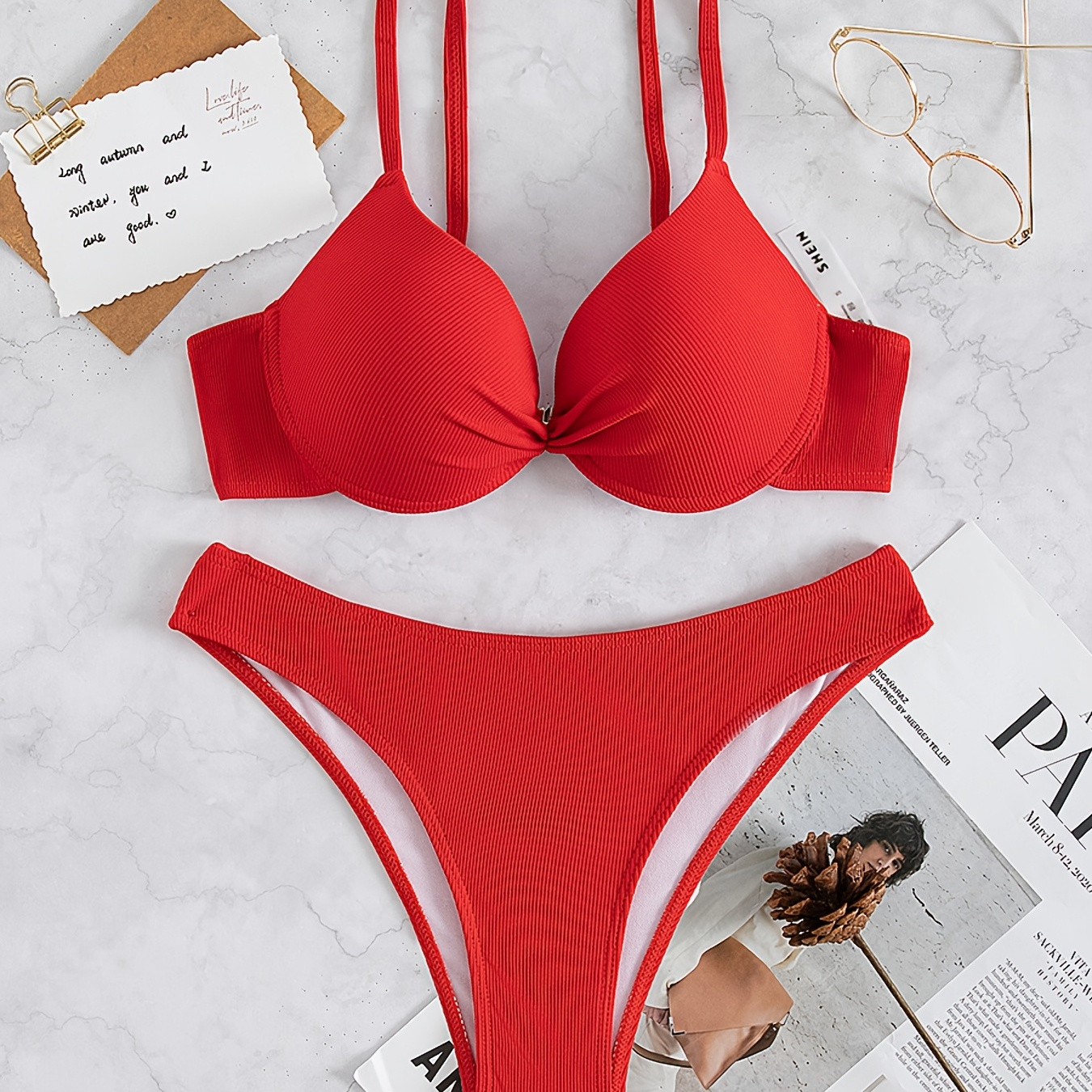 Rib Knit Texture Underwire Push Up High Cut Ruched Centre Core Red ...