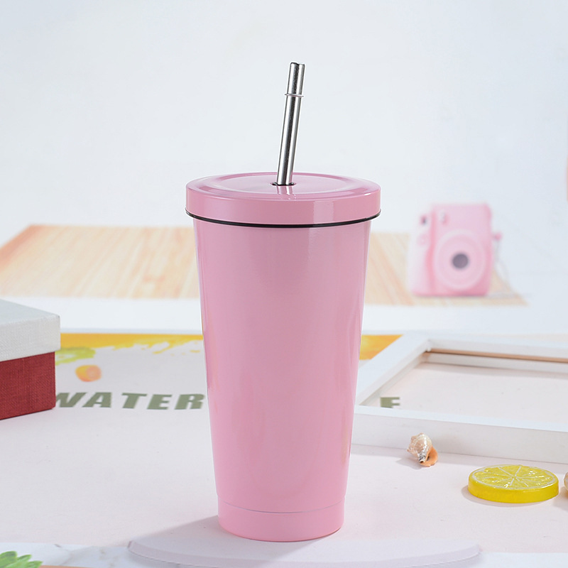 Stainless Steel Straw Cup, Coffee Cup Vacuum Cup with Lids and