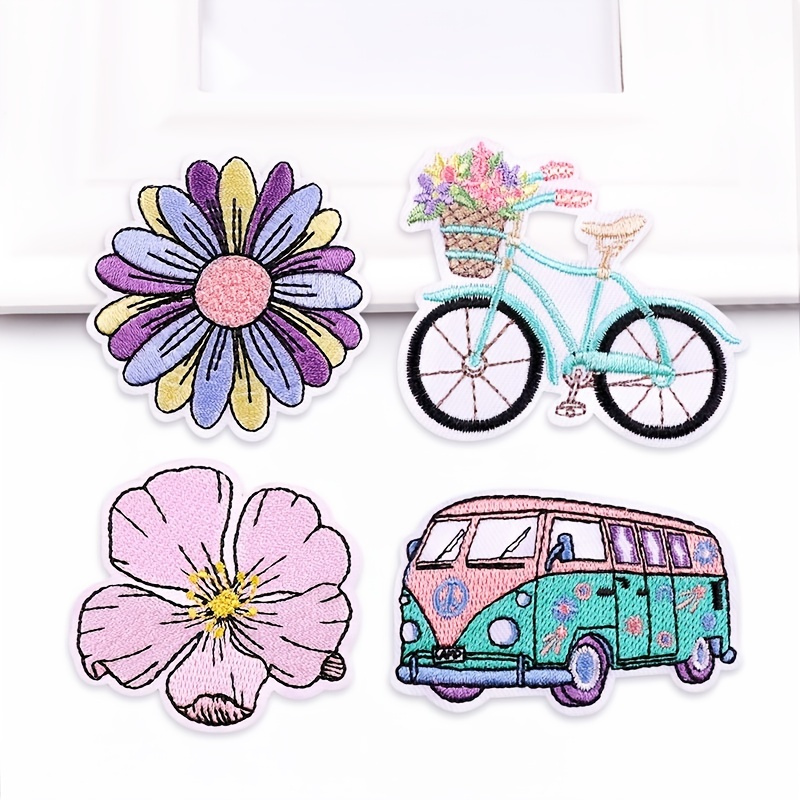 

4pcs Embroidered Outdoor Flowers Car Scenery Patches For Clothing And Backpacks - Iron On Fusible Patches With Thermoadhesive Stripe Appliques