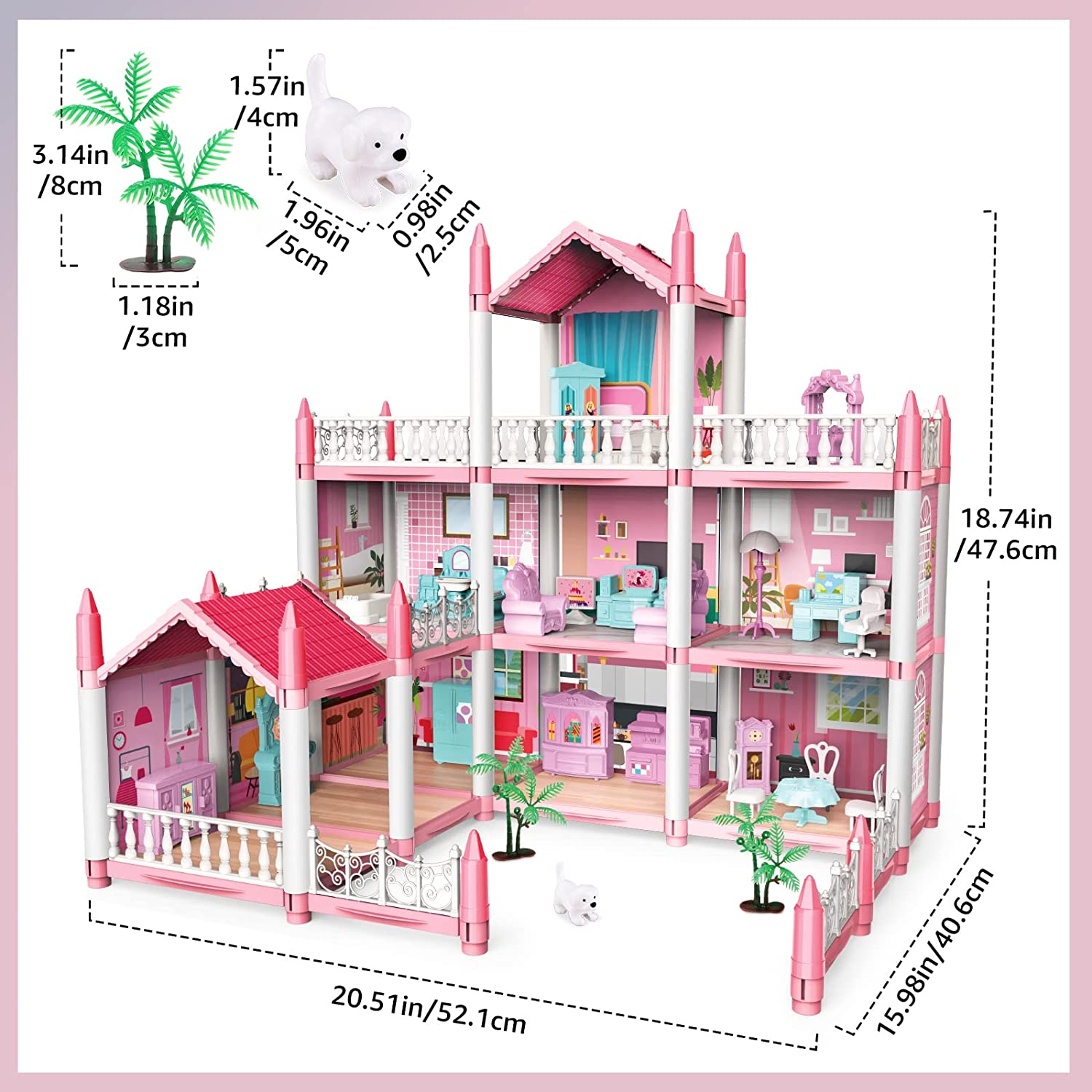 Ensemble de 9 pièces pour maison de poupée (poupée non incluse) Accessoires  de meubles multicouches Rose Bricolage Playhouse Building Toy Villa, adapté  aux filles âgées de 5 à 10 ans comme cadeau