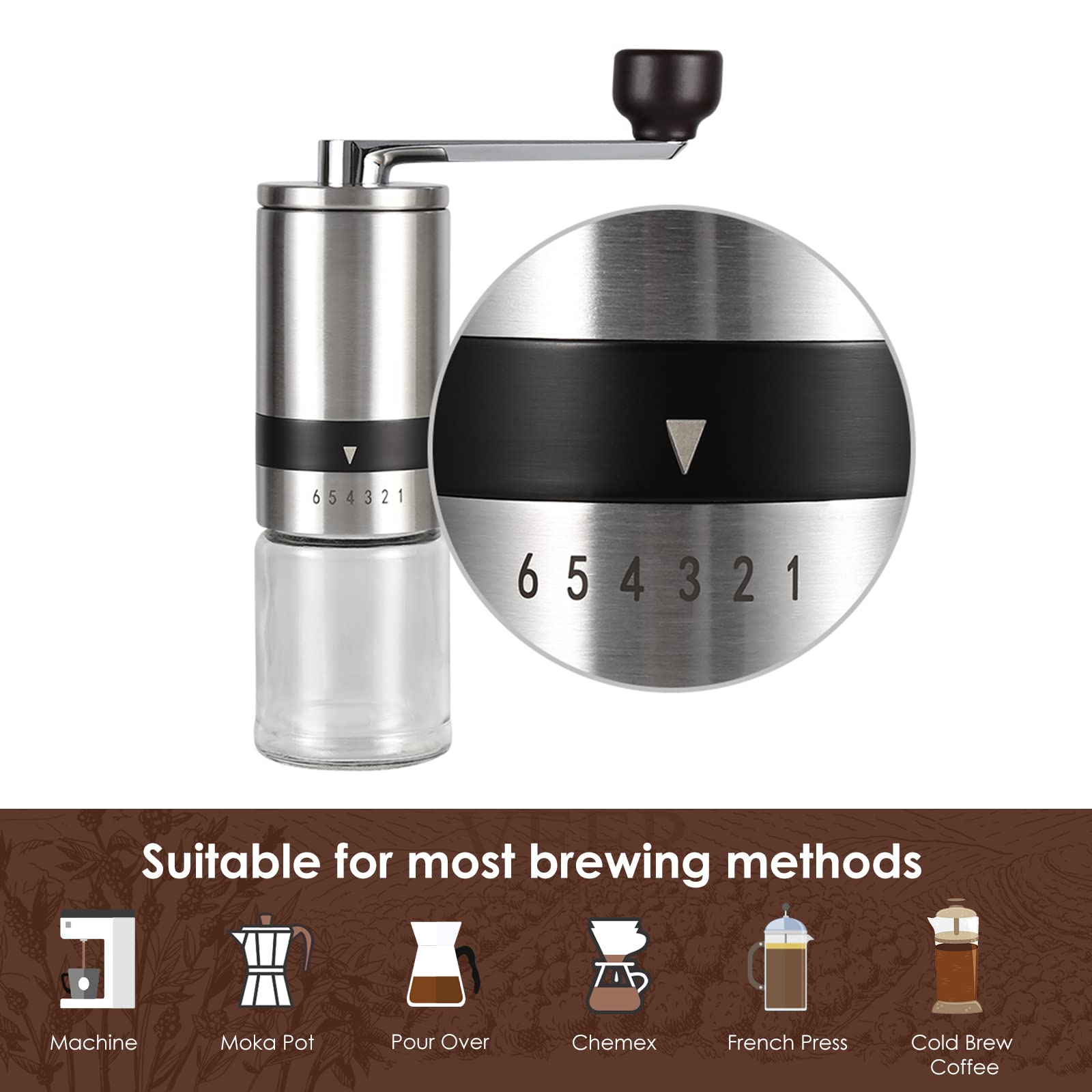 Manual Coffee Grinder With Adjustable Settings, Ceramic Conical Burr
