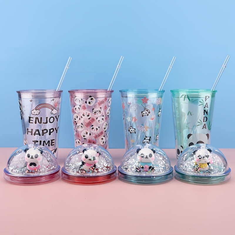 1L Water Bottles, Cute Panda Bear Cup With Straw, Transparent Cartoon Bottle,  Icy Glasses. 