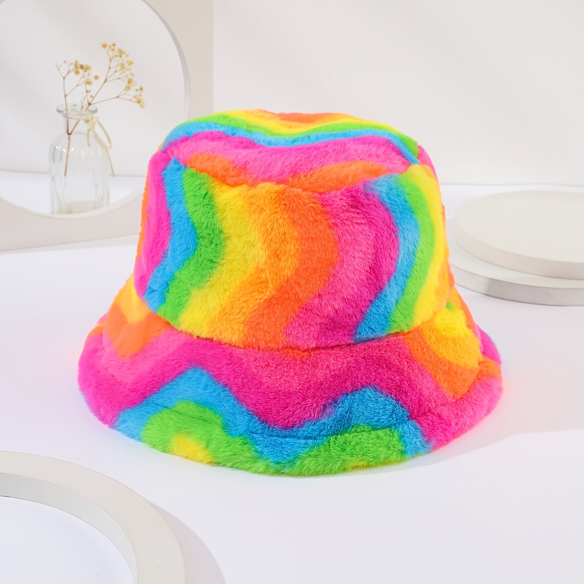 

Rainbow Bucket Hat Winter Warm Fisherman Cap Colorful Plush Thickened Basin Hats