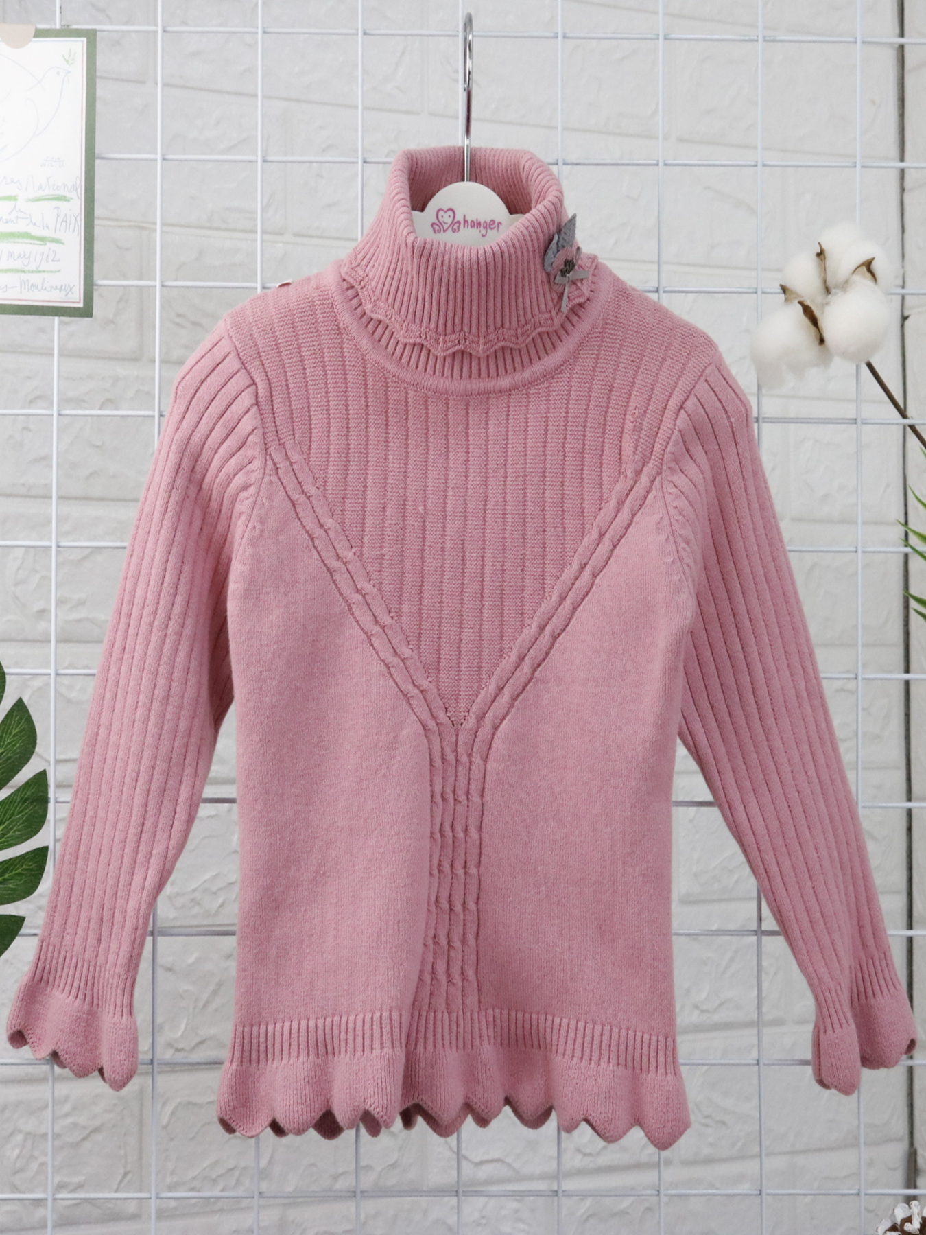 Girls Turtleneck Warm Sweater Long Sleeve Frill Trim Stretch Knit