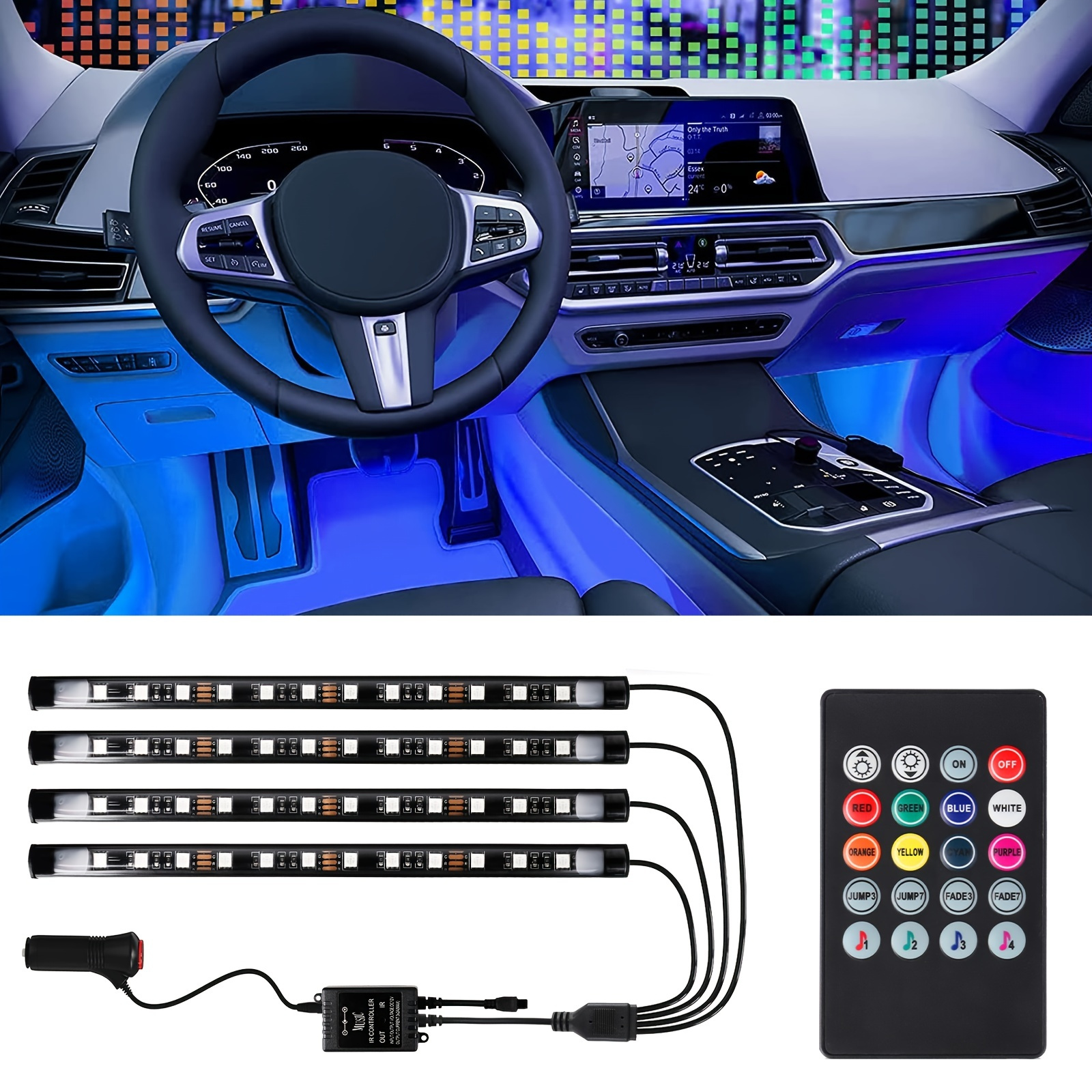 4pcs 48led Car Strip Lights 12v Multicolor Music Sync Car - Temu