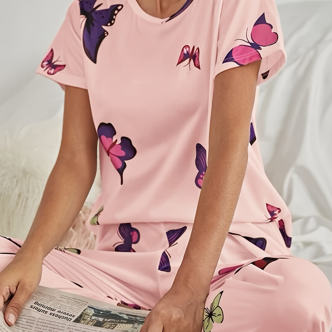 

Casual & Comfy Butterfly Print Pajamas, Short Sleeve Top & Elastic Waistband Pants, Women's Loungewear & Sleepwear