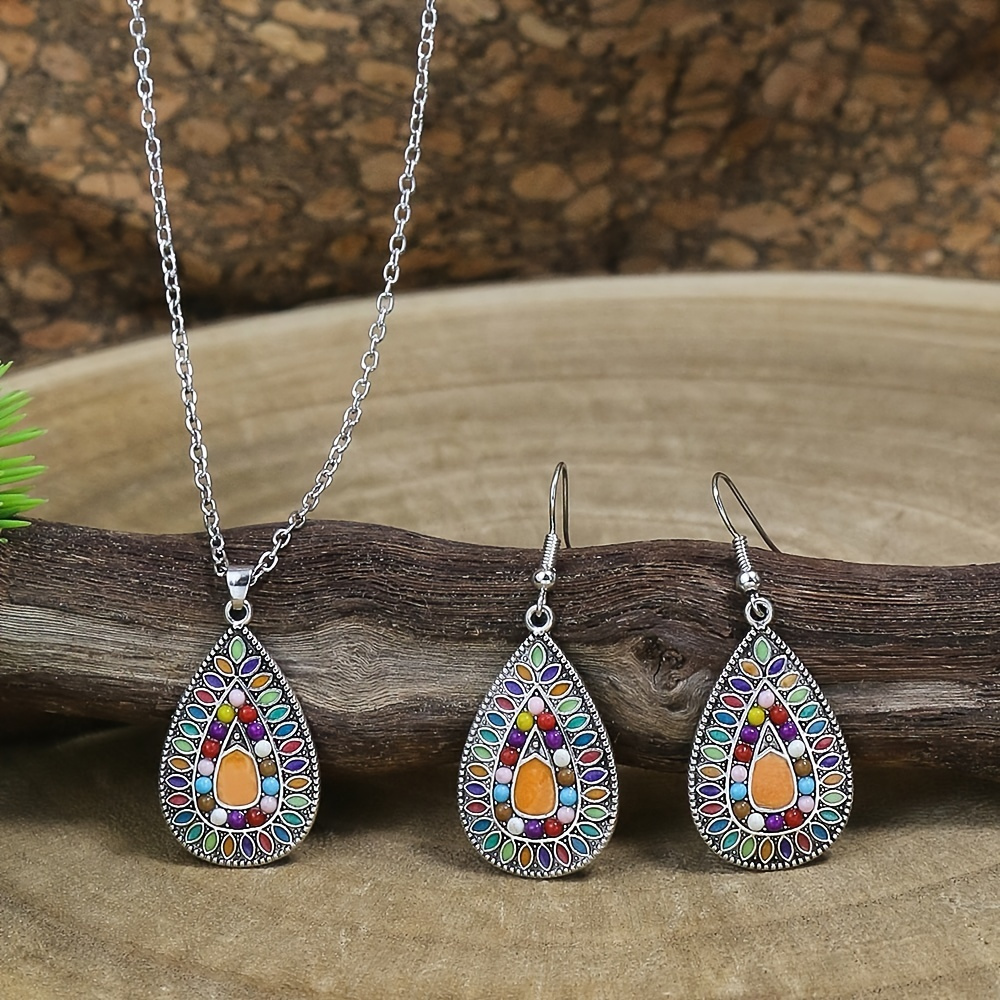 

Boho Multicolor Teardrop Shaped Drop Earrings Necklace 3pcs Set Vintage Decor For Women Girls Gift