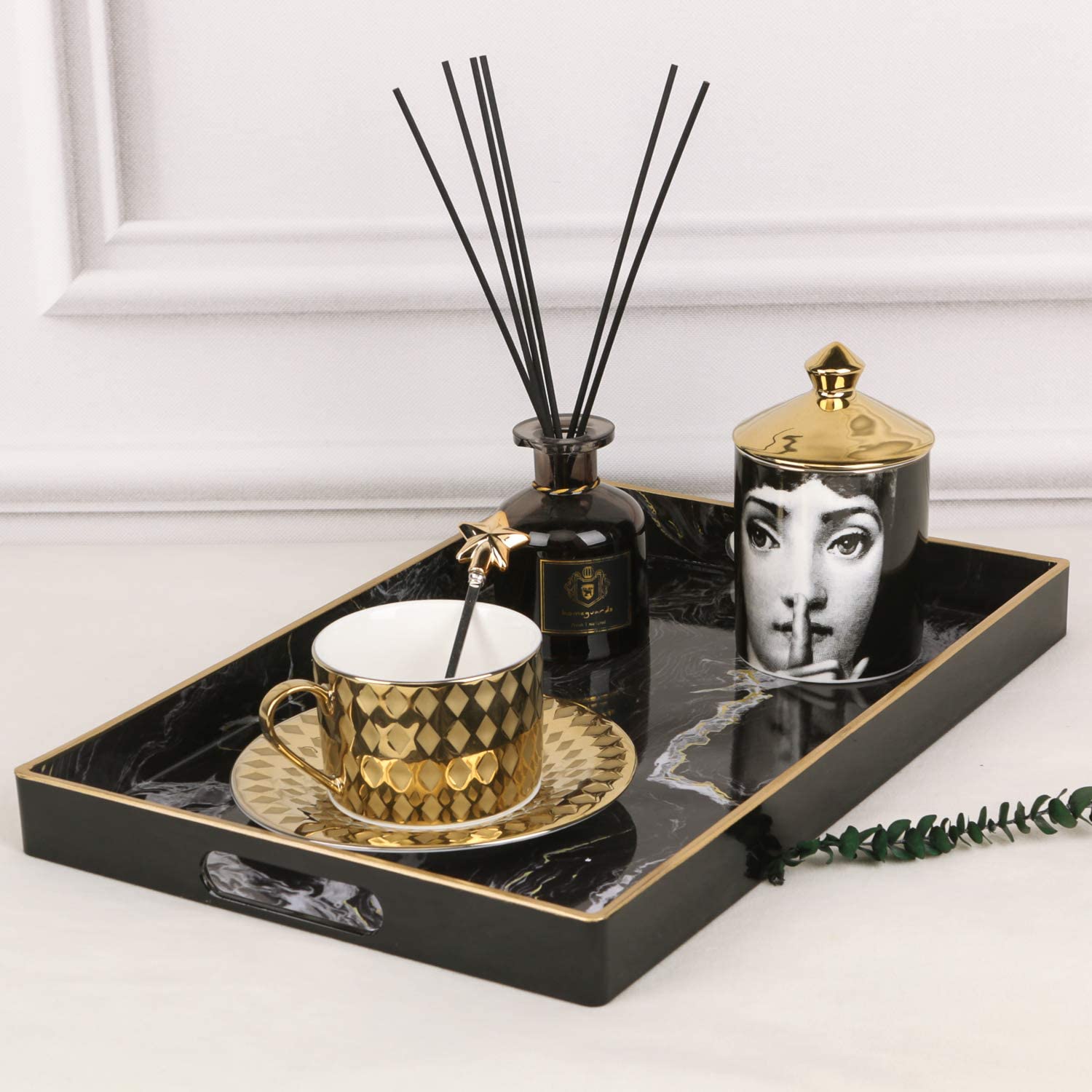 Marble Decorative Tray, Plastic Tray With Handles, Rectangular Vanity