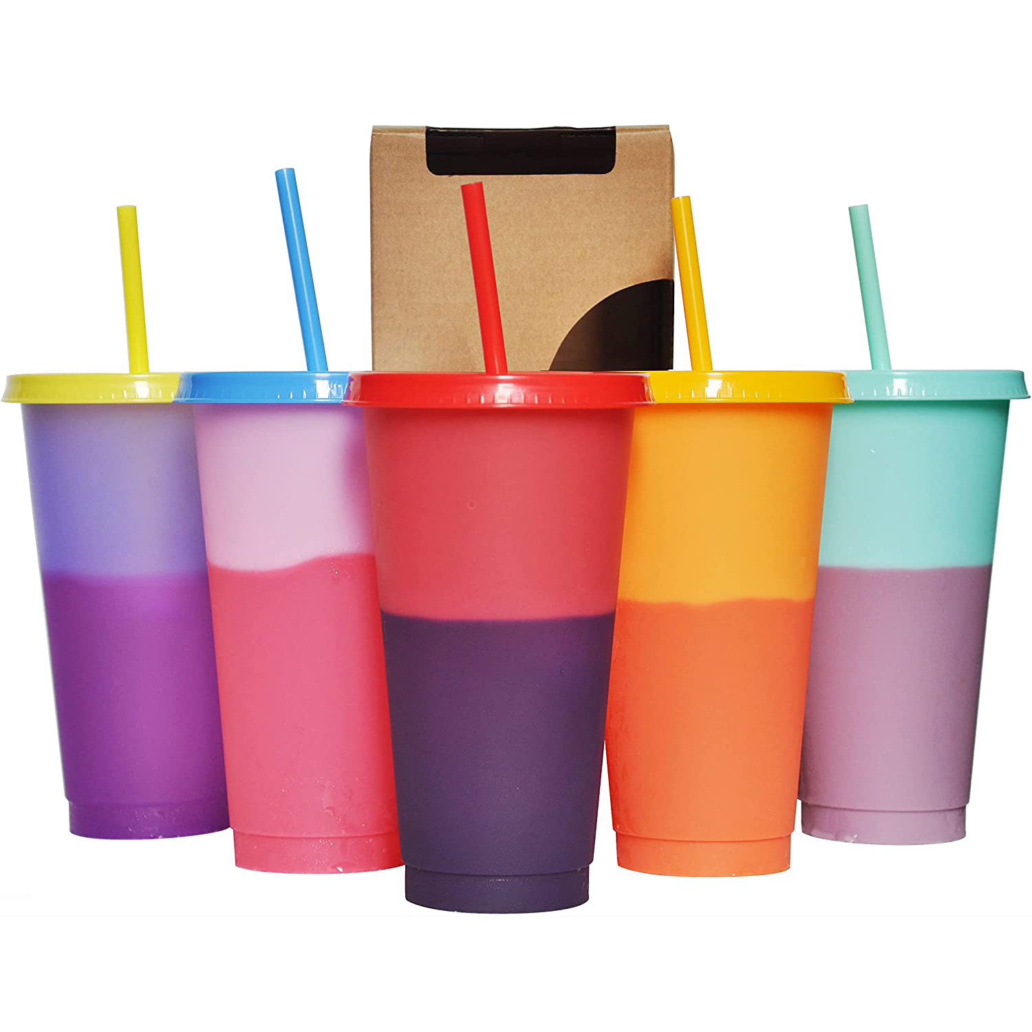 Color Changing Cups with Lids & Straws - 7 Pack 16 oz Reusable