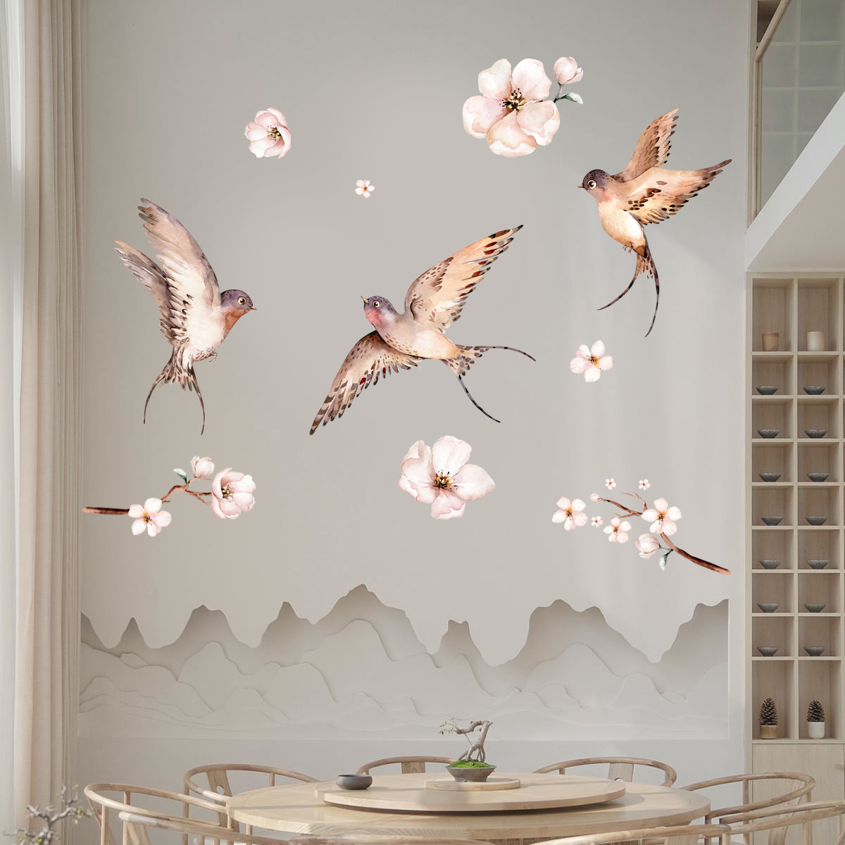 1 2pcs Flower Birds Pvc Wall Stickers For Living Room Bedroom Wall
