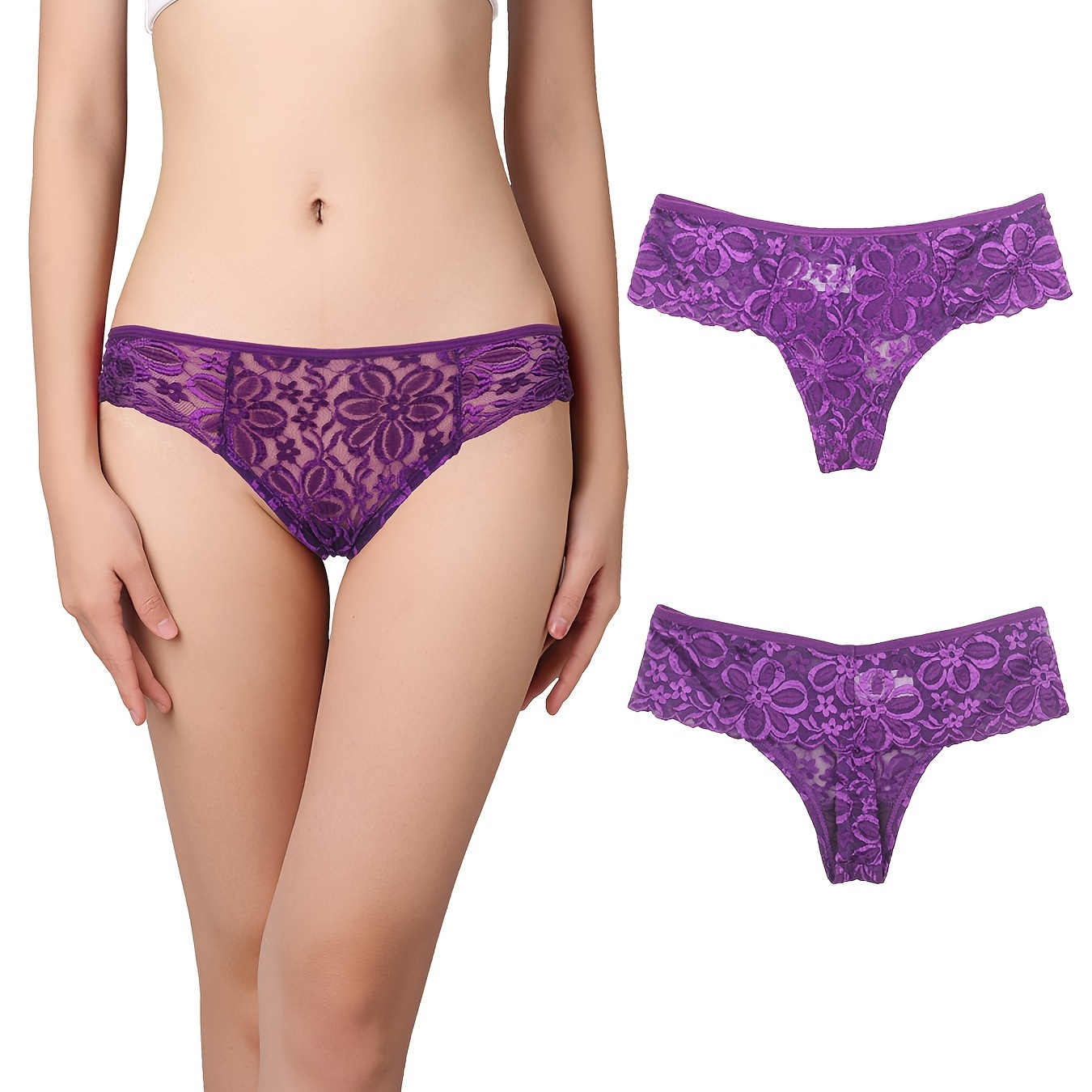 Romantic Low Waist Cheeky Panty, Soft & Breathable Full Lace High Cut Brazilian Panty, Women's