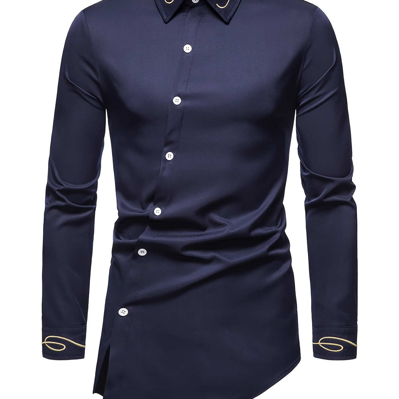 Mens Dress Shirt Slim Fit Long Sleeve Shirts Embroidery Casual Top Asymmetric Tunics Shirt 