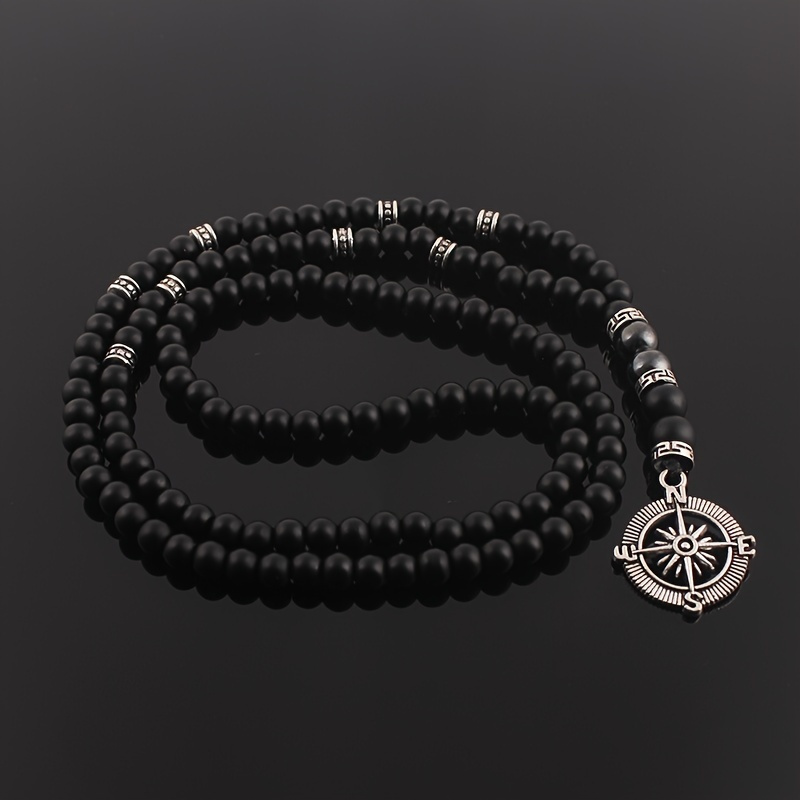 

6mm Classic Vintage Black Long Natural Stone Round Beaded Necklace For Men With Compass Pendant Artificial Jewelry Gift