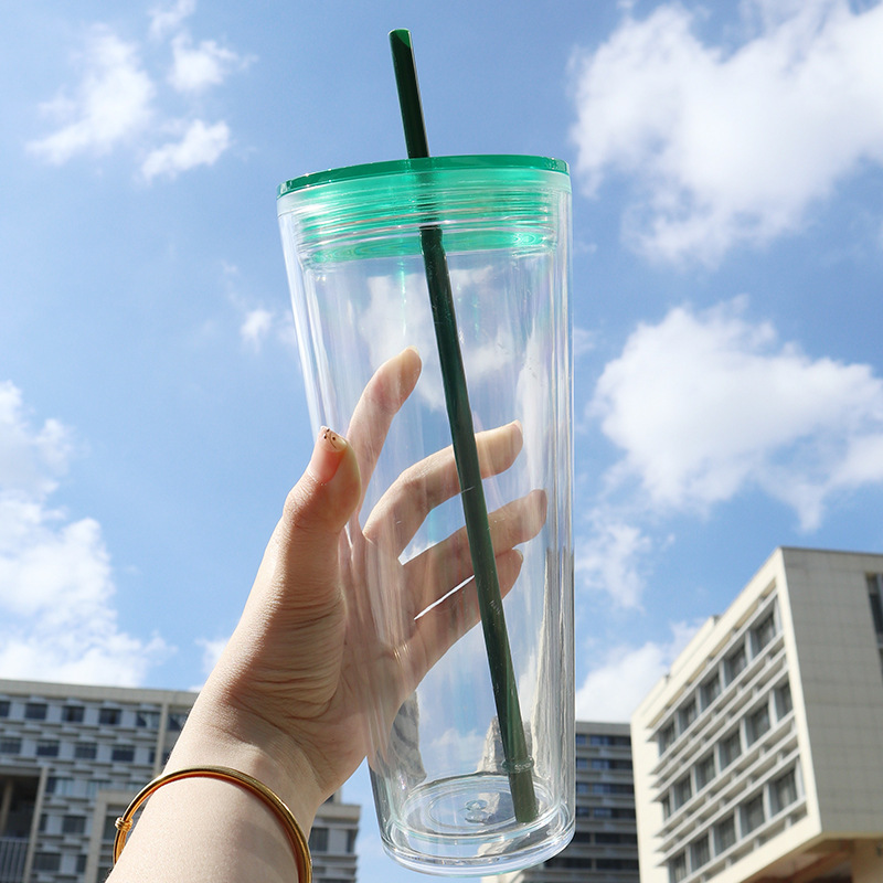 Transparent Straw Double Layer Cup Plastic Reusable Clear Glass