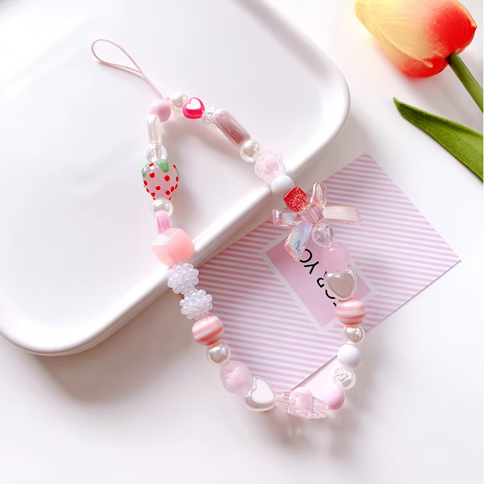 

Women Pink Fashion Strawberry Romantic Heart Beads Geometry Beaded Lanyard Decoration Bracelet Mobile Phone Chain