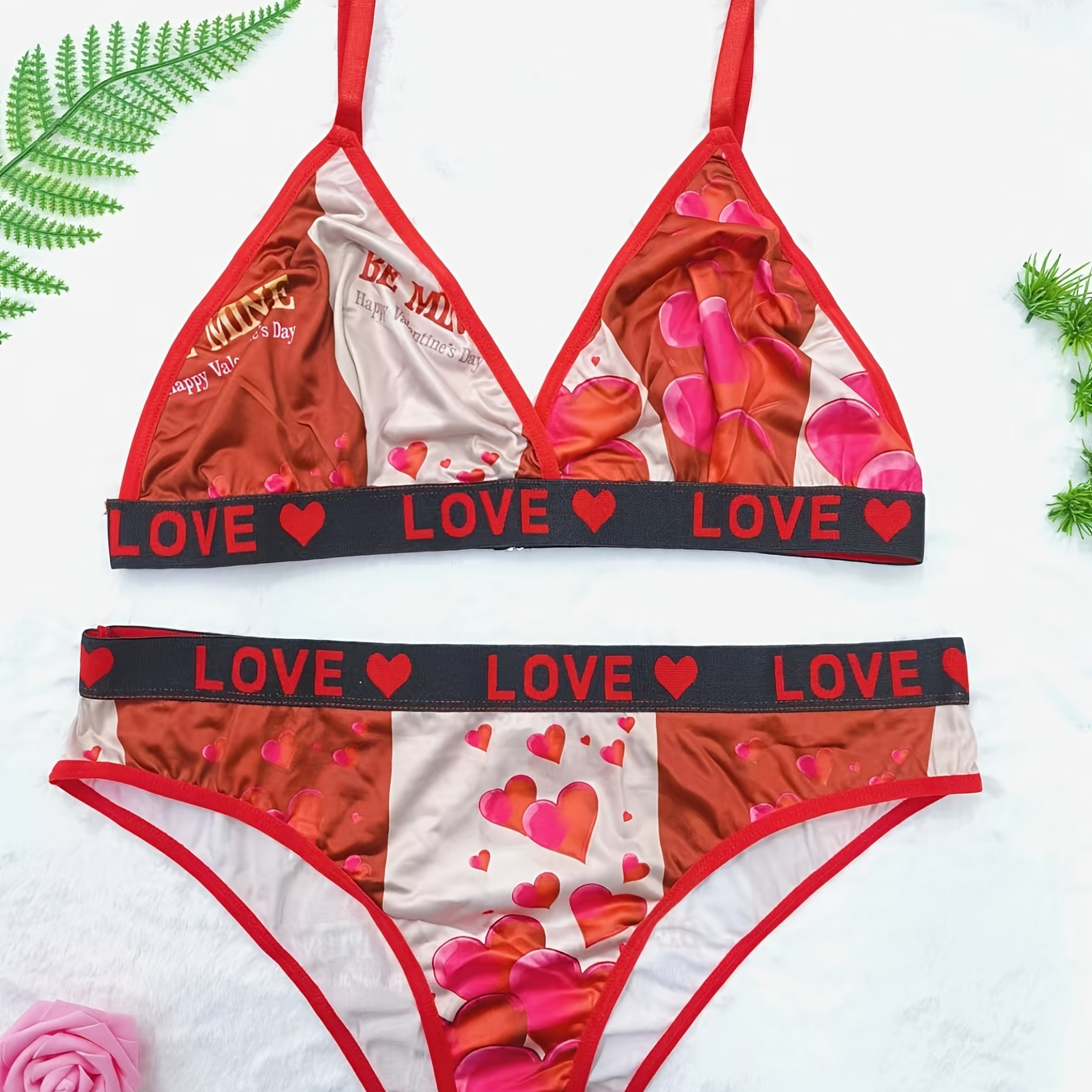 Plus Size Heart Print Bra And Panties Lingerie Set Womens Plus Slight Stretch Sexy Lingerie Set 7460