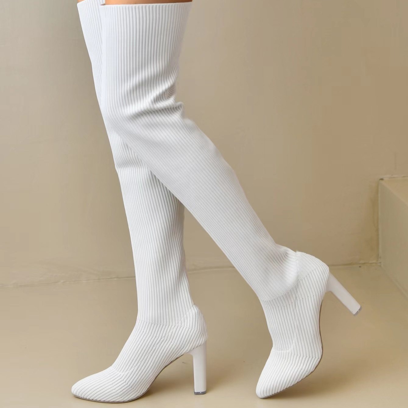 Stretch Thigh High Boots Women s Knit Solid Color - Temu