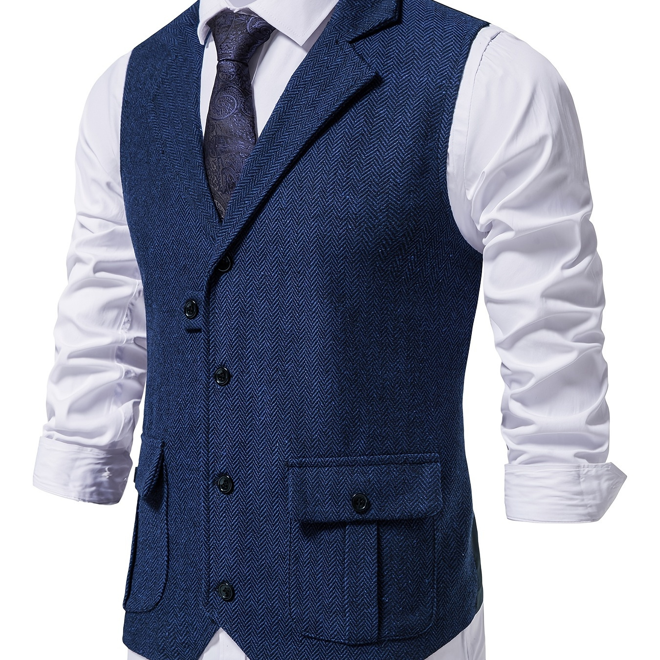 Men's Herringbone Tweed Vest Notched Lapel Single Breasted Sleeveless ...