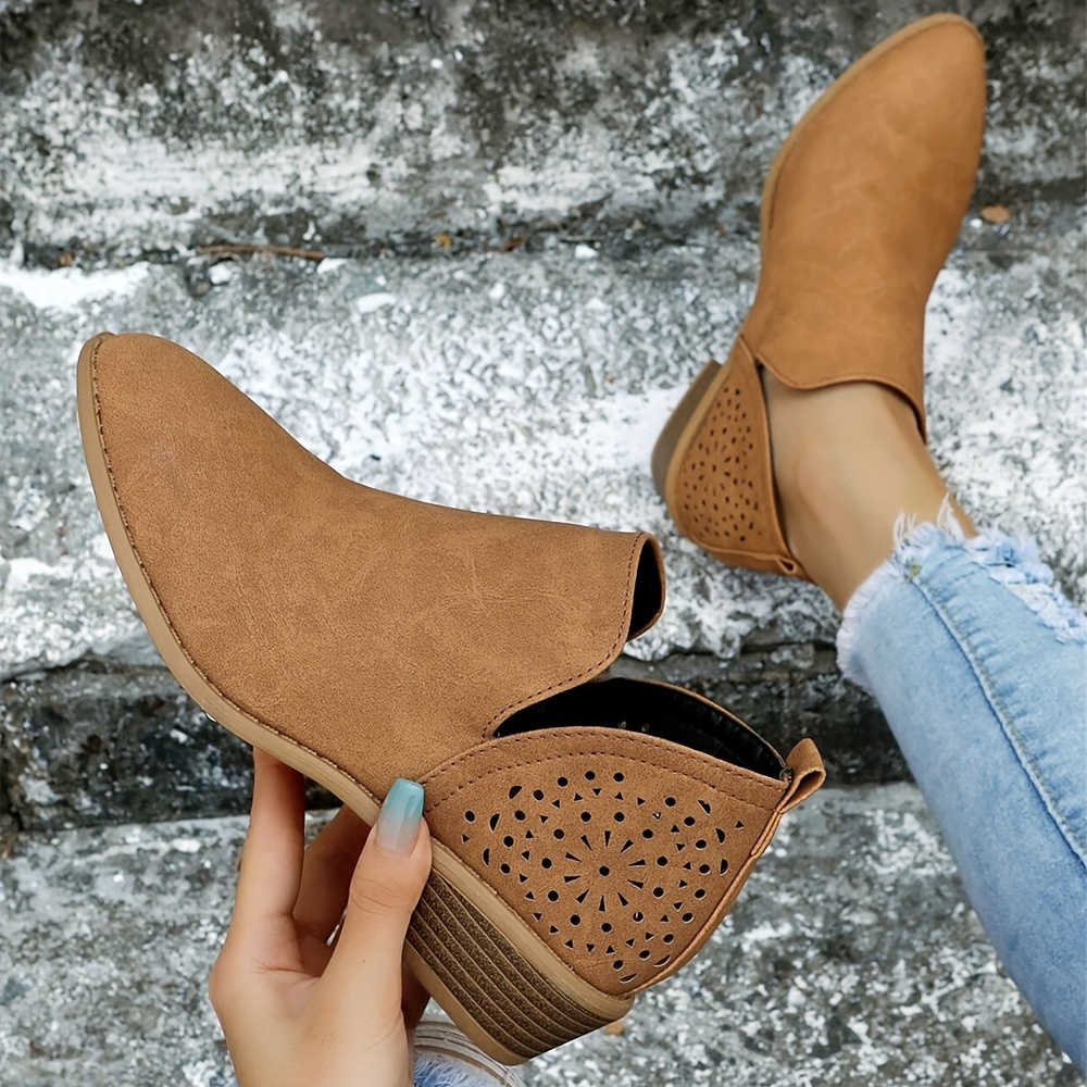 

Women's Ankle V Cut Short Boots, Hollow Out Chunky Heel Pointed Toe Shoes, Women's Footwear