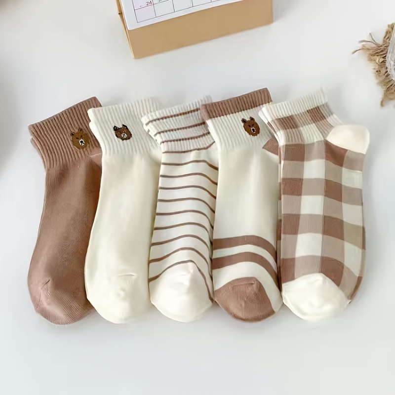 

5 Pairs Ankle Socks, Cute Soft Teddy Bear Cotton Socks, Women's Stockings & Hosiery