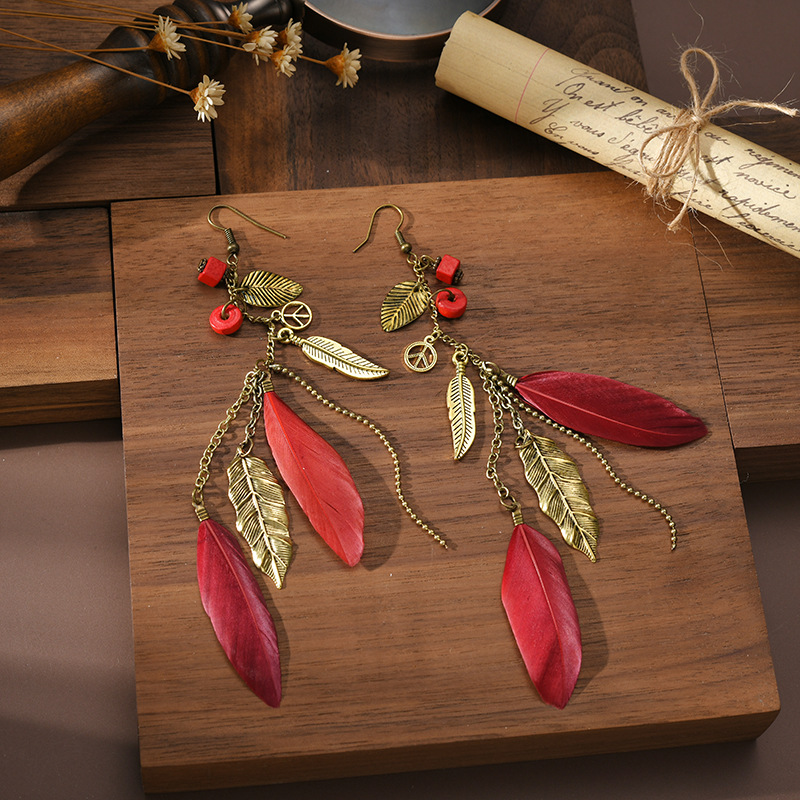 Bohemian Style Feather Tassel Drop Earrings, Leaf Decor