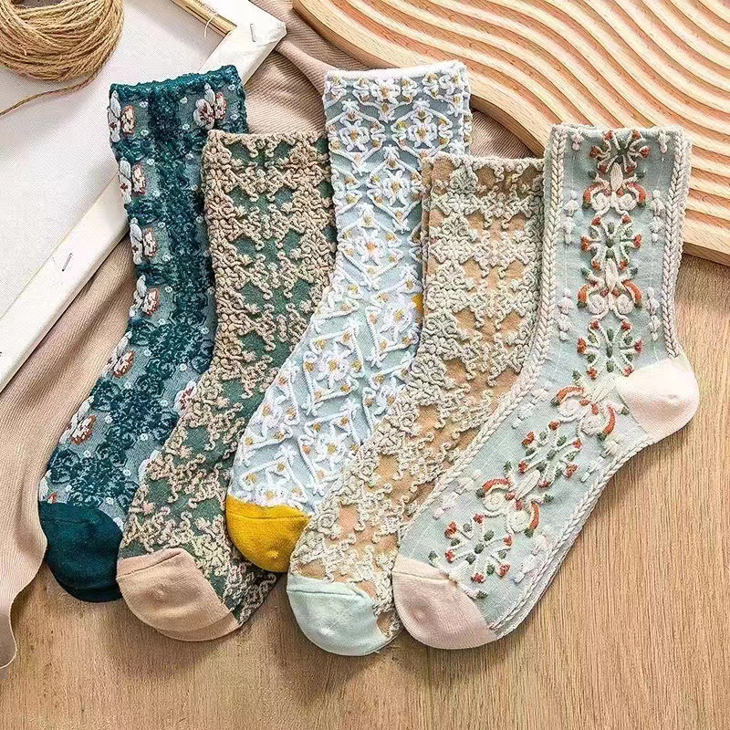 5pairs Floral Socks Set Women Cute Flower Geometric 3d Textured Ankle Cotton Blend Cottagecore 
