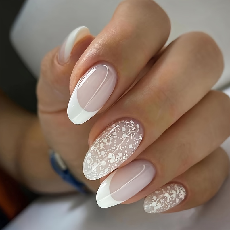 

Glossy Medium Almond Shape Acrylic Fake Nails With White Tip Design - Elegant False Nails Decorations Kit For Women