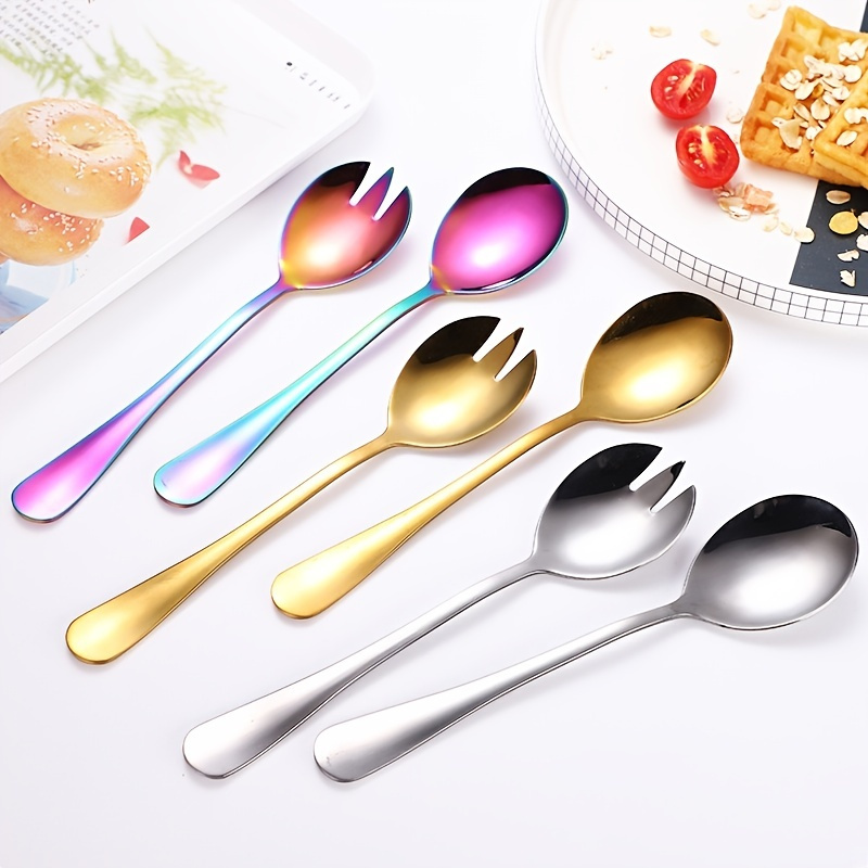 

2pcs, Gold-plated Stainless Steel Salad Fork Spoon - Perfect For Salads, Pasta, And More!