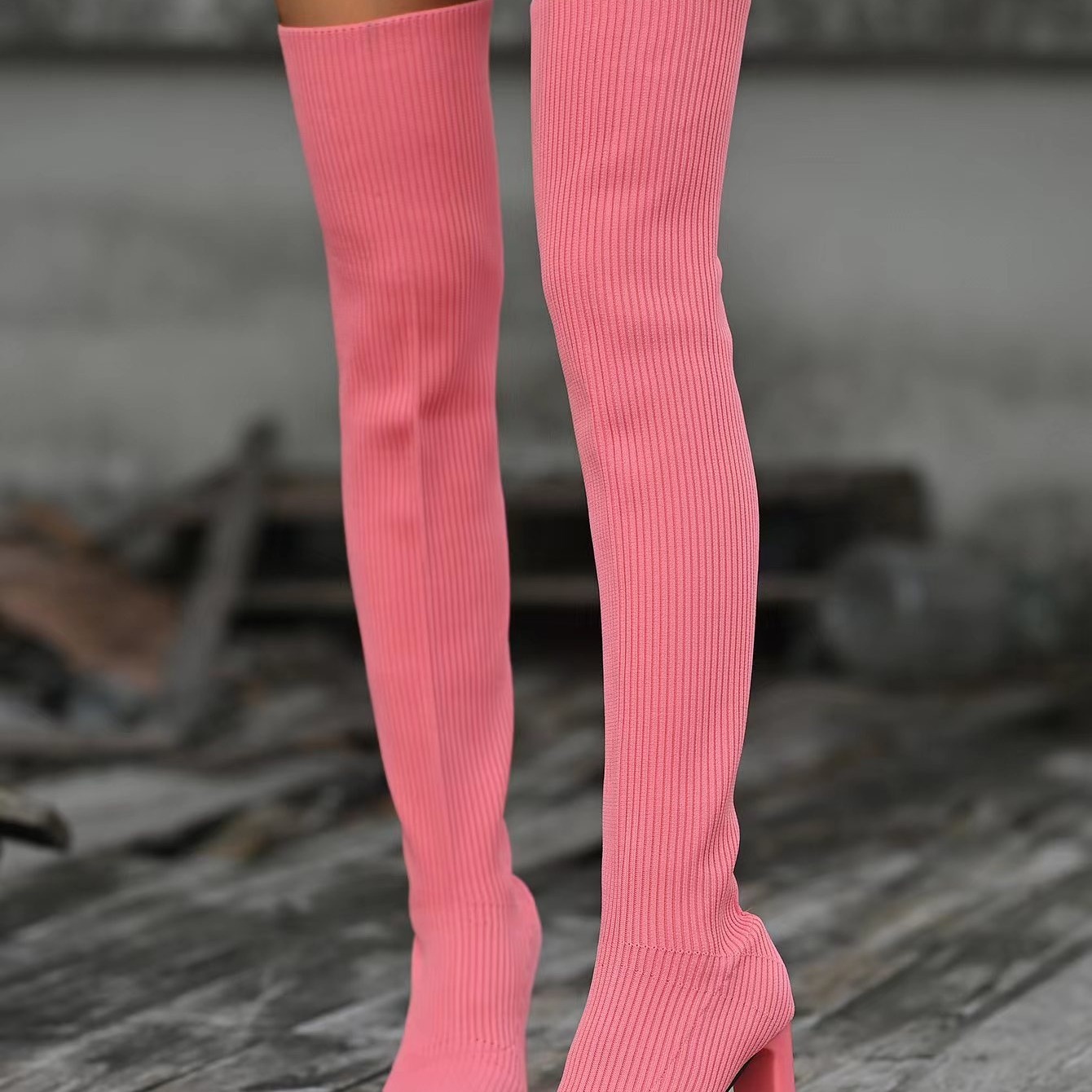 Women's Knit Stretch Thigh High Boots Solid Color - Temu