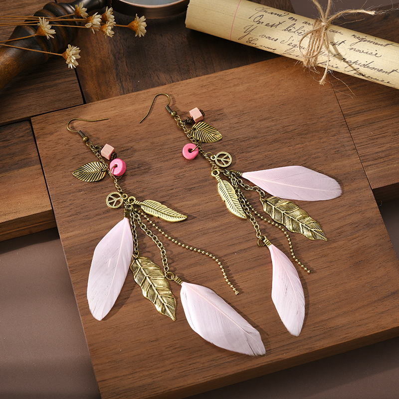 Bohemian Style Feather Tassel Drop Earrings, Leaf Decor