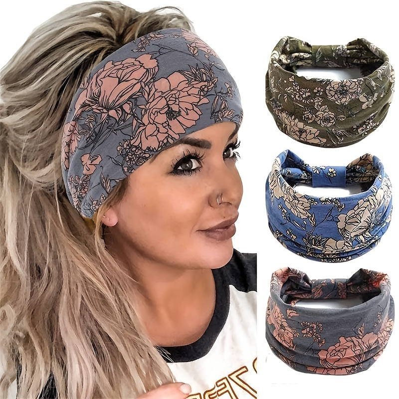 

Boho Headbands Wide Knot Hair Scarf Floral Printed Hair Band Elastic Turban Thick Head Wrap Stretch Fabric Head Bands Thick Fashion Hair Accessories For Women