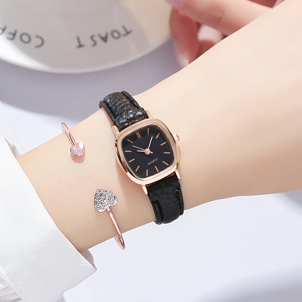 1pc square pointer quartz watch minimalist dial wristwatch with pu leather watchband & 1pc bracelet full black bracelet 0