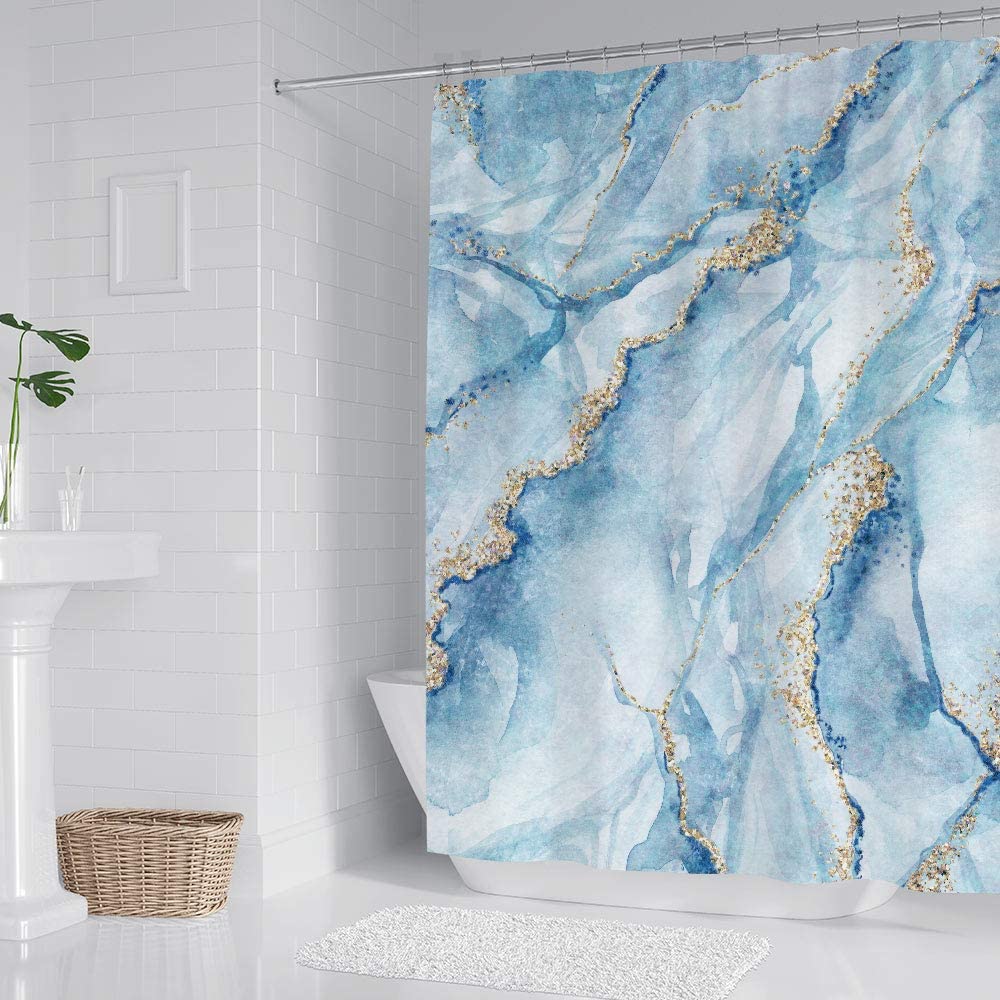 Blue Marble Shower Curtain With 12 Hooks Waterproof Fabric For Non