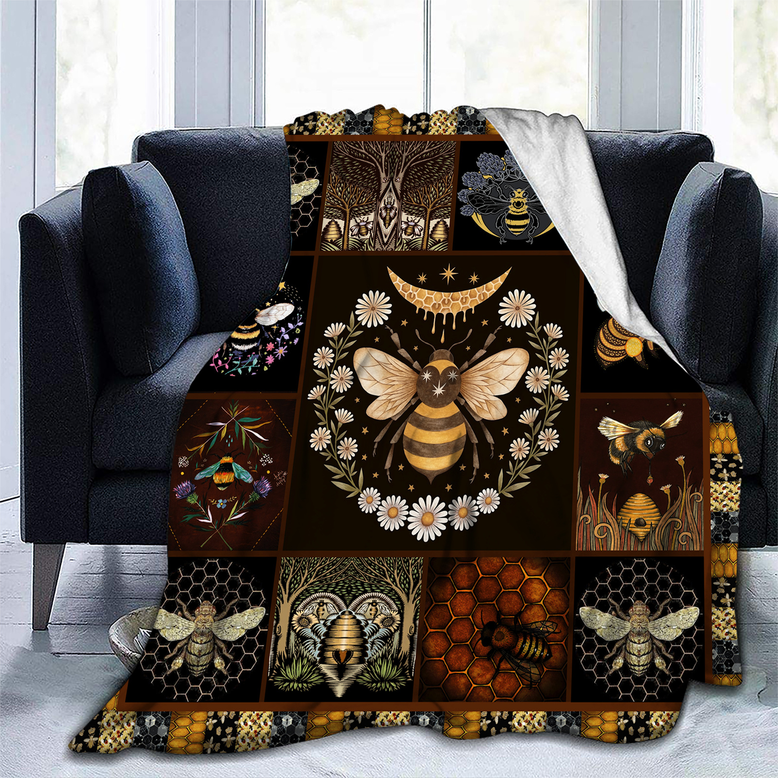 soft cozy vintage bee pattern flannel throw blanket home Temu