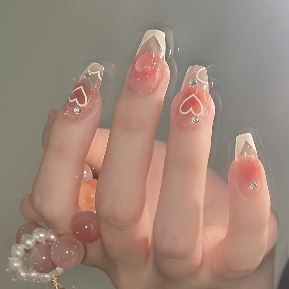 

Cute Valentine's Day French Tip Press On Nails - Glossy Pink Blush Acrylic False Nails With White Heart Pattern - Full Coverage Sticks On Nails For Women