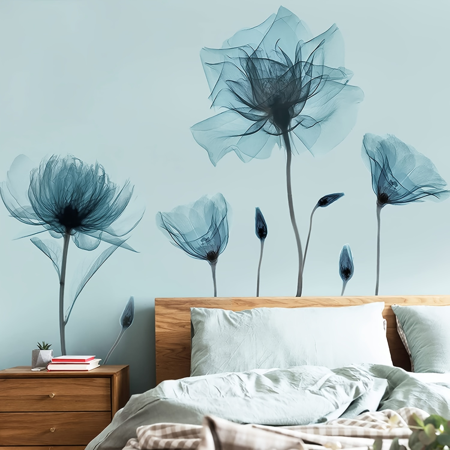 

1pc Blue Flower Wall Decals Wall Stickers, Peel And Stick Removable Decal Sticker, Diy Wall Art Murals Home Wall Decor For Bedroom Living Room Classroom Office Wall Decoration