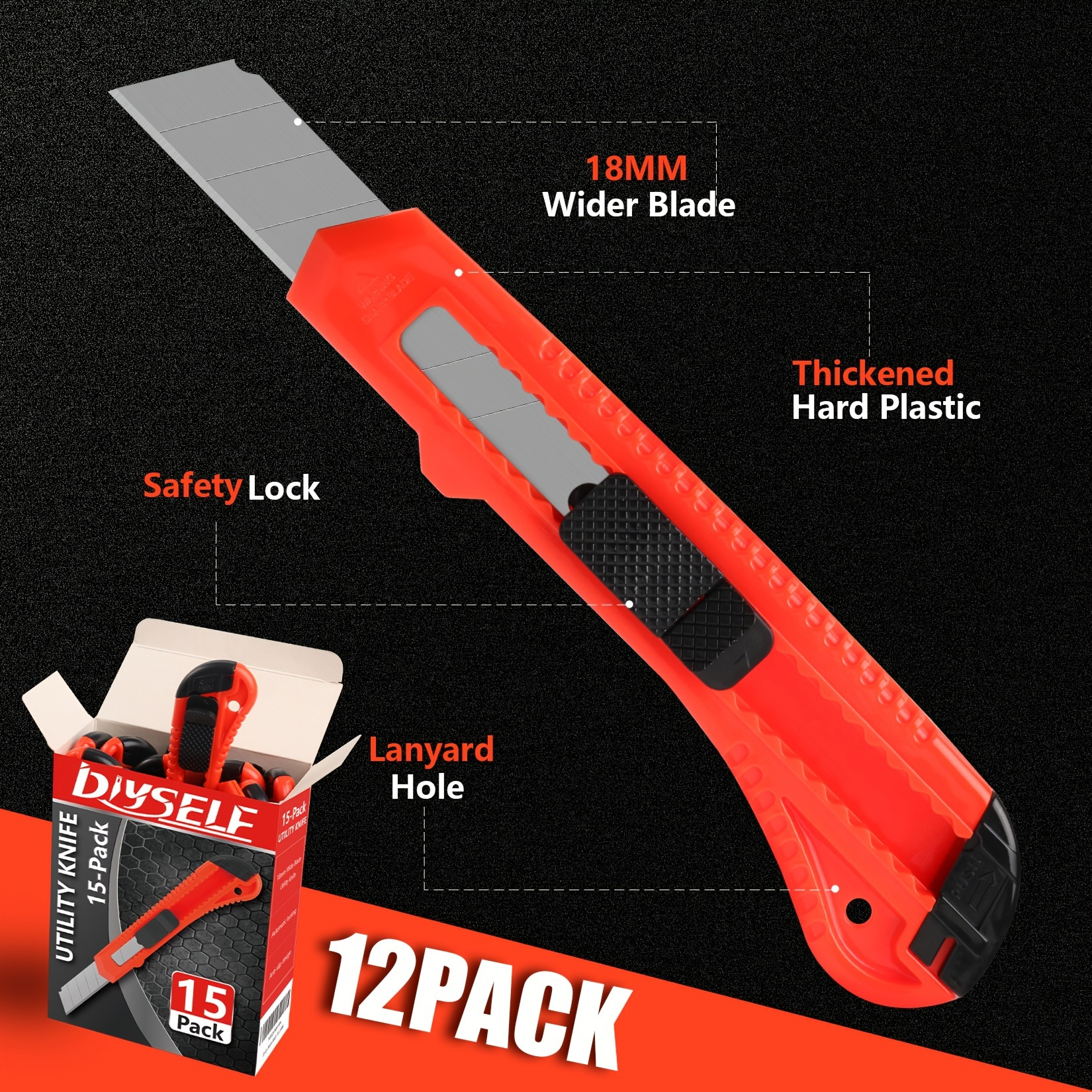 12pack Utility Knife Box Cutters (18mm Wide Blade Cutter) with 10 PCS Extra  Snap off Blades 18mm - Retractable, Compact, Extended - China Utility  Knife, Safety Knife